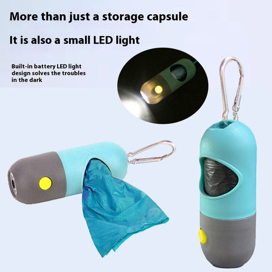 dog wearing an LED poop bag dispenser on a night walk