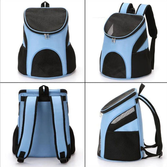 small dog peeking out of a backpack carrier on a hiking trail