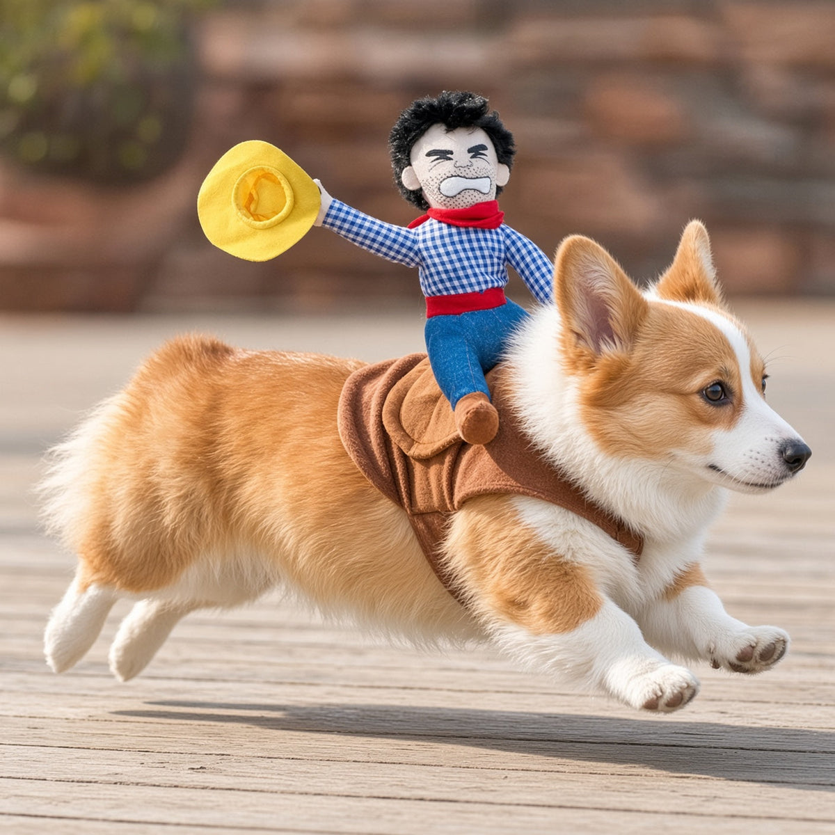 Corgi wearing the cowboy rider costume